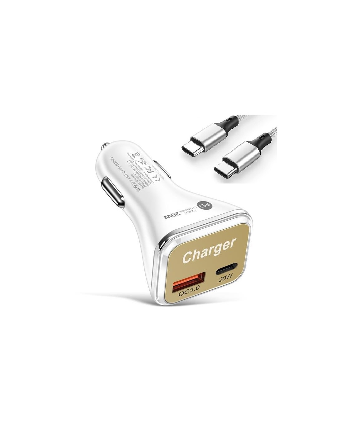 Blexter Cargador Coche entrada USB-C y USB QC 3.0/ 20w Blanco- Plata + Cable  USB- C a USB- C 65w/ 1m